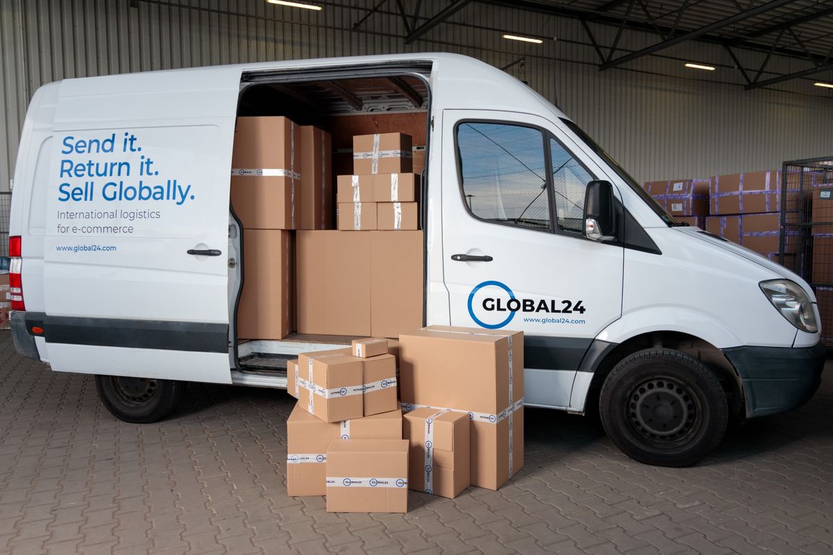 Delivery van loaded with cardboard boxes for global shipping logistics